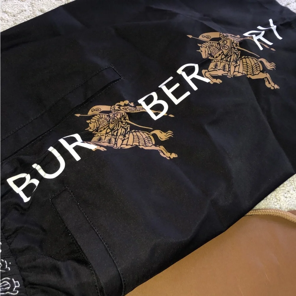 Burberry Black Athletic Shorts with White TB Logo and Gold Crest